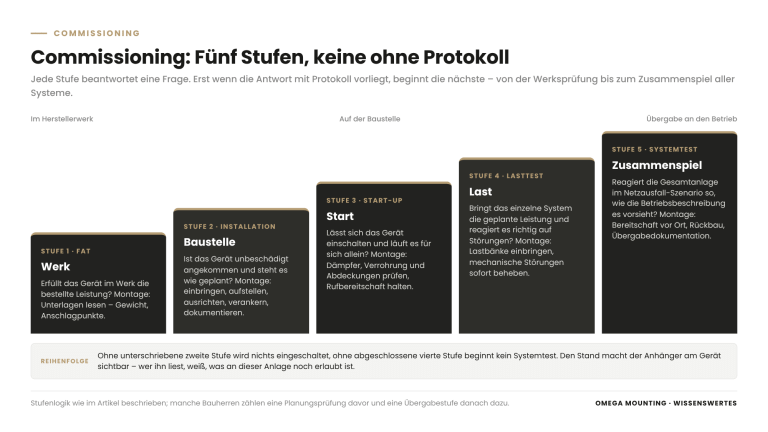 Erklärgrafik: Commissioning in fünf Prüfstufen – von der Werksabnahme über Installation, Start und Lasttest bis zum integrierten Systemtest